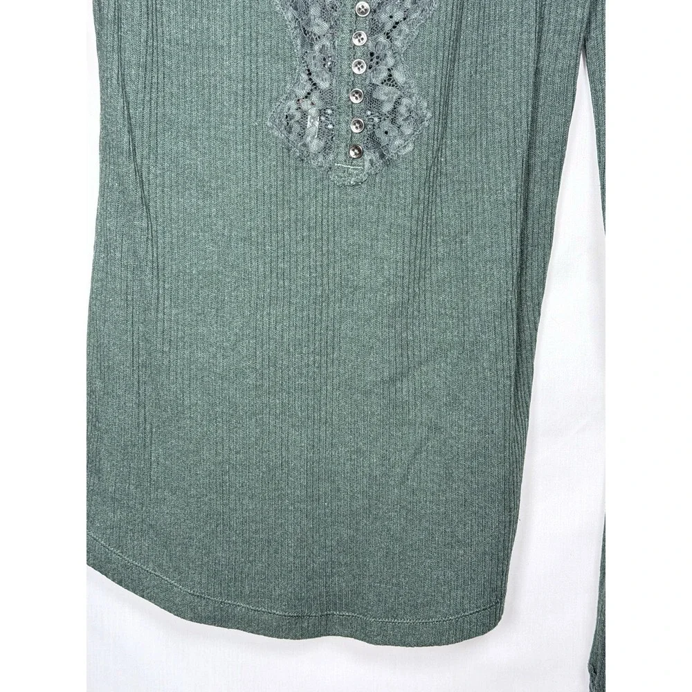 Free People To The West Ribbed Top Fairy Grunge Lace Henley Boho Sage Green M